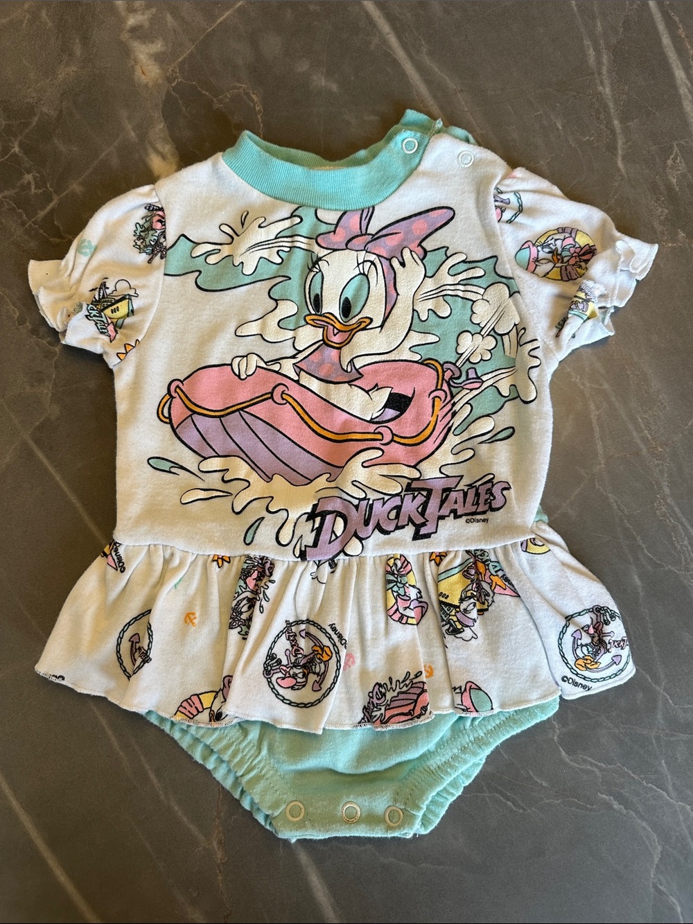 Vintage Disney Daisy Duck Pink & Mint One-Piece Bodysuit with Ruffle Skirt